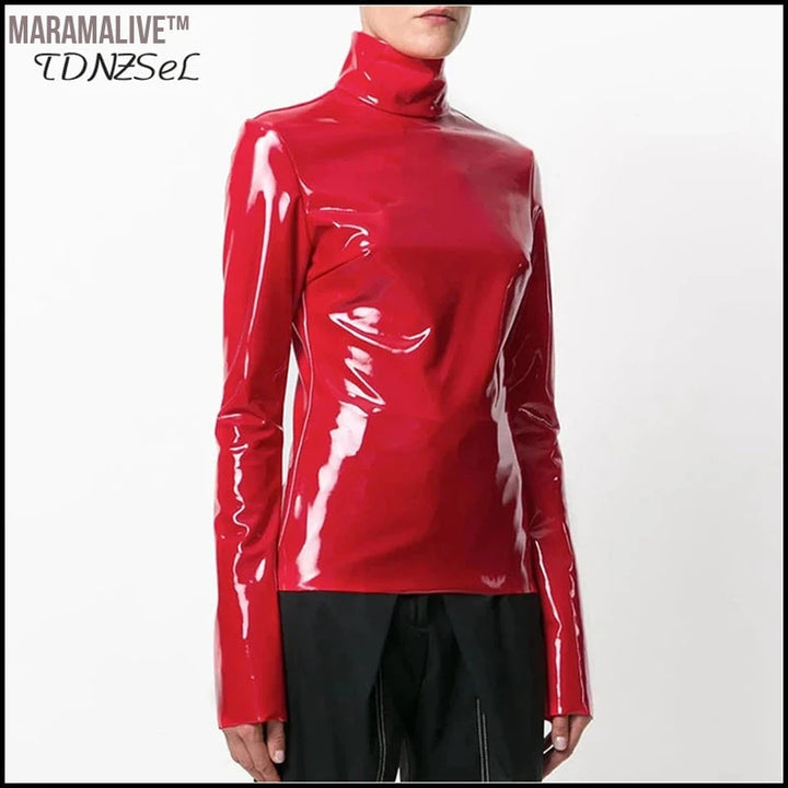 Women Faux Patent Leather Turtleneck Tops Long Sleeve Shirt Zipper PVC Pullover Black Red PU Leather Clothes Streetwear Custom