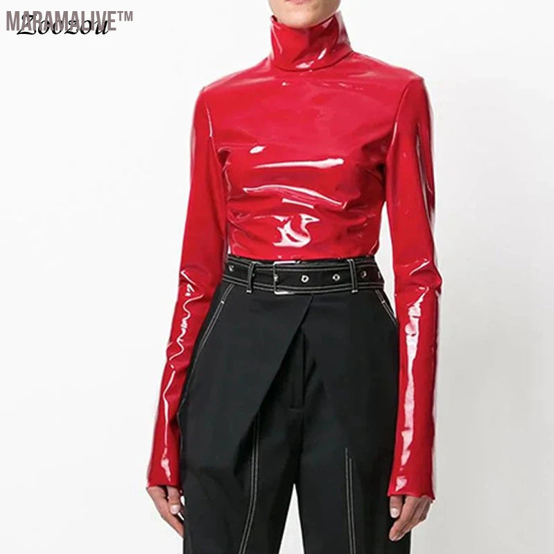 Women Faux Patent Leather Turtleneck Tops Long Sleeve Shirt Zipper PVC Pullover Black Red PU Leather Clothes Streetwear Custom