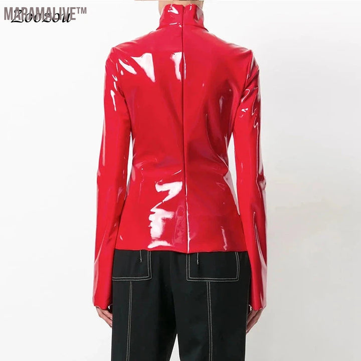 Women Faux Patent Leather Turtleneck Tops Long Sleeve Shirt Zipper PVC Pullover Black Red PU Leather Clothes Streetwear Custom