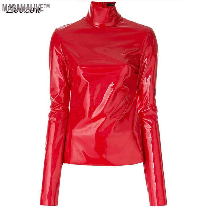 Women Faux Patent Leather Turtleneck Tops Long Sleeve Shirt Zipper PVC Pullover Black Red PU Leather Clothes Streetwear Custom