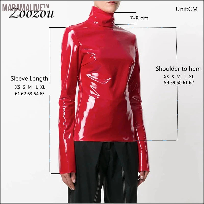 Women Faux Patent Leather Turtleneck Tops Long Sleeve Shirt Zipper PVC Pullover Black Red PU Leather Clothes Streetwear Custom