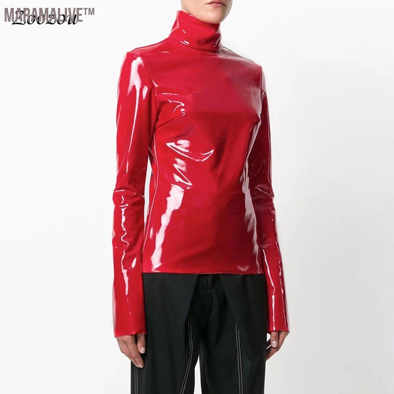 Women Faux Patent Leather Turtleneck Tops Long Sleeve Shirt Zipper PVC Pullover Black Red PU Leather Clothes Streetwear Custom