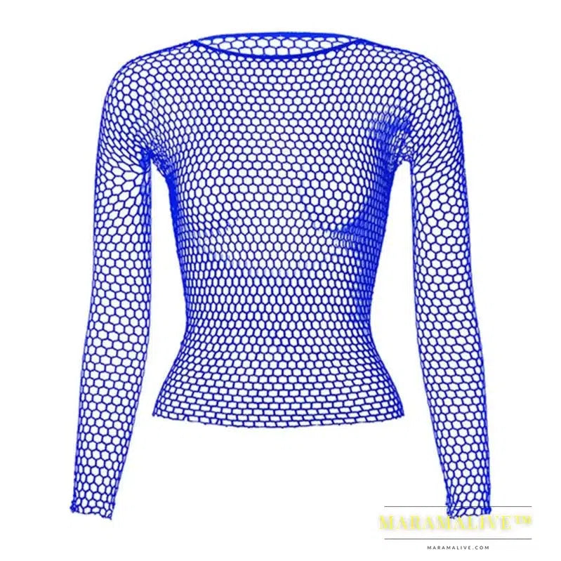 Women Fishnet Mesh Tops 6 Colors Sexy See Through T-Shirt Skinny Goth Hollow Out Long Sleeve Shirts Crop Top Shirt Streetwear