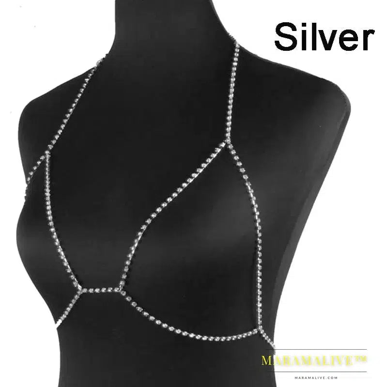 Women Full Rhinestone Body Fashion Chain Necklace Jewelry Shiny Rhinestone Crystal Bra Body Charming Club Jewelry