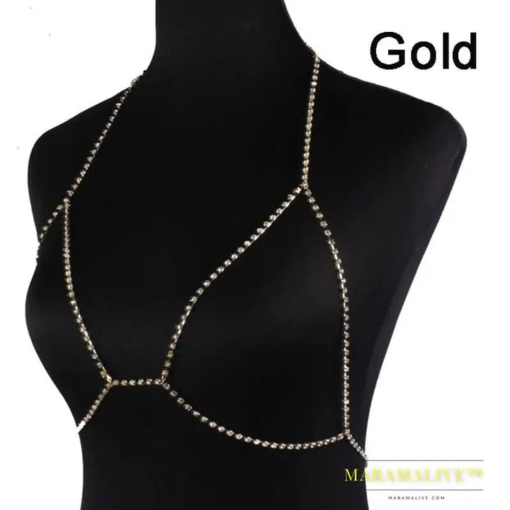 Women Full Rhinestone Body Fashion Chain Necklace Jewelry Shiny Rhinestone Crystal Bra Body Charming Club Jewelry