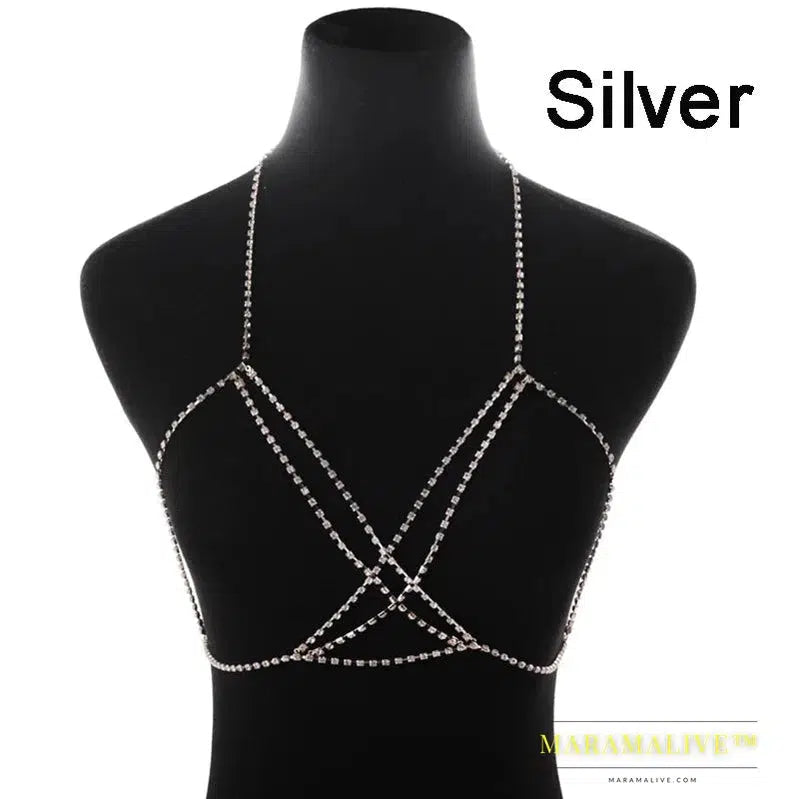 Women Full Rhinestone Body Fashion Chain Necklace Jewelry Shiny Rhinestone Crystal Bra Body Charming Club Jewelry