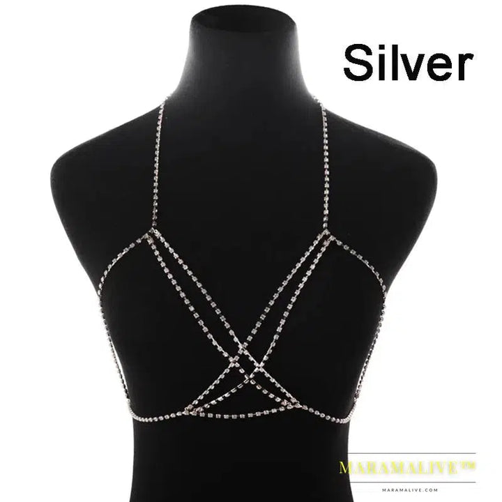 Women Full Rhinestone Body Fashion Chain Necklace Jewelry Shiny Rhinestone Crystal Bra Body Charming Club Jewelry