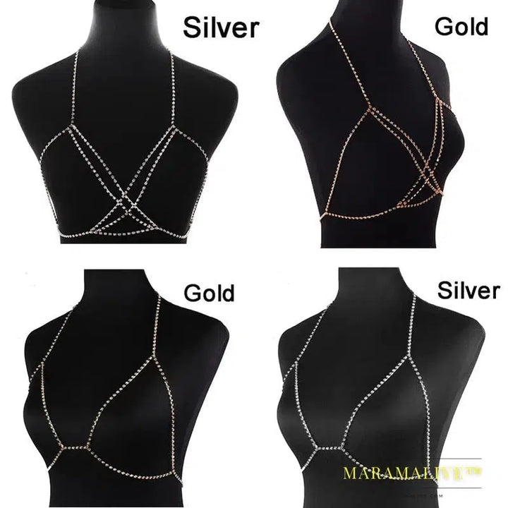 Women Full Rhinestone Body Fashion Chain Necklace Jewelry Shiny Rhinestone Crystal Bra Body Charming Club Jewelry