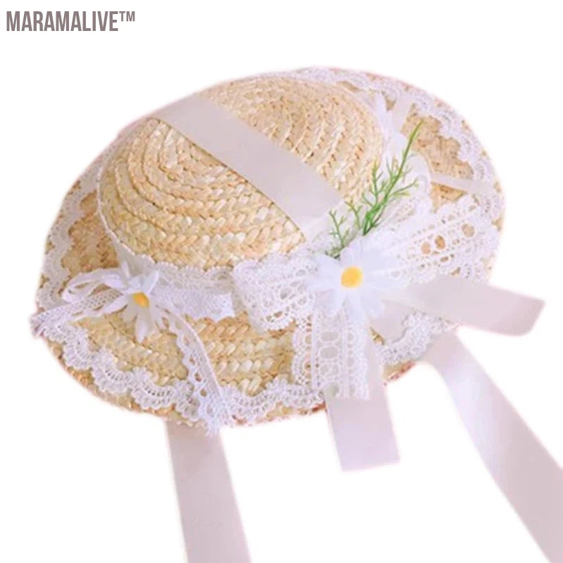 Women Girls Tea Party Sun Hat Victorian Lace Flowers Straw Hats Party Accessory