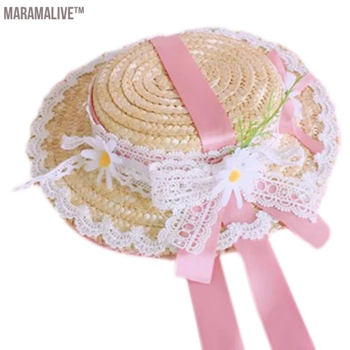 Women Girls Tea Party Sun Hat Victorian Lace Flowers Straw Hats Party Accessory