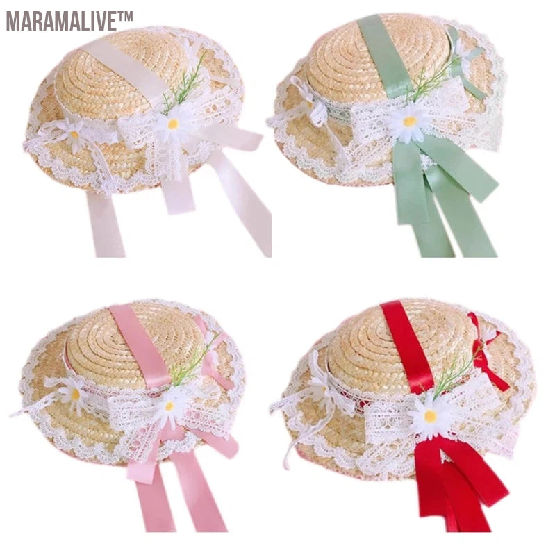 Women Girls Tea Party Sun Hat Victorian Lace Flowers Straw Hats Party Accessory