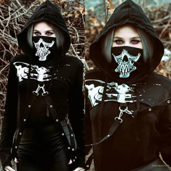 Women Goth Punk Hoodie Crop Top Harajuku Skull Skeleton Mask Turtleneck Cutout Long Sleeve Pullover Sweatshirt with Bandage N7YF