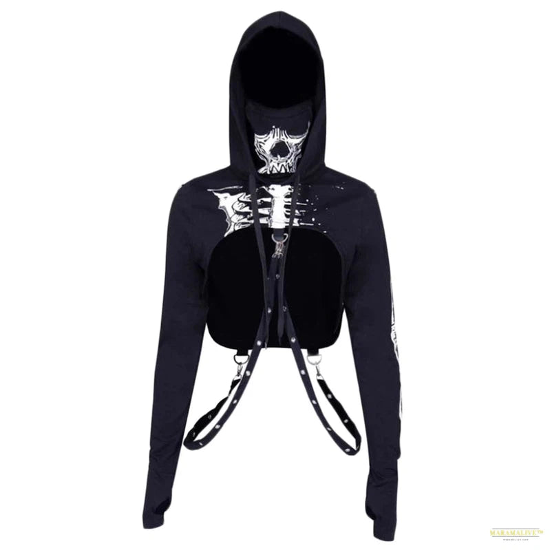 Women Goth Punk Hoodie Crop Top Harajuku Skull Skeleton Mask Turtleneck Cutout Long Sleeve Pullover Sweatshirt with Bandage N7YF