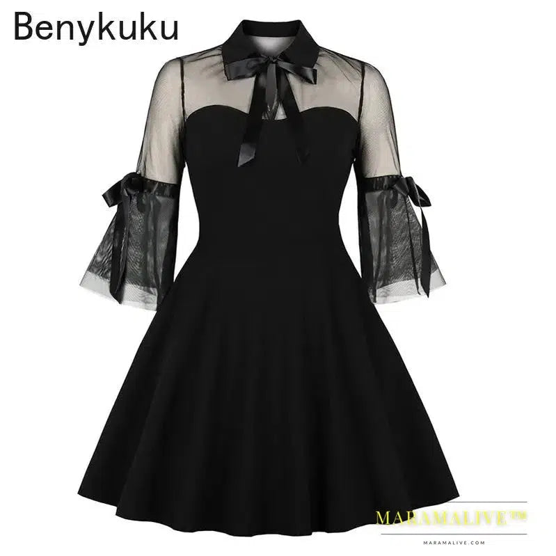 Women Gothic Lace Mini Dress Sexy See Through Flare Sleeve 2024 Summer Female Party Vintage Casual Short Black Mesh Goth Dresses