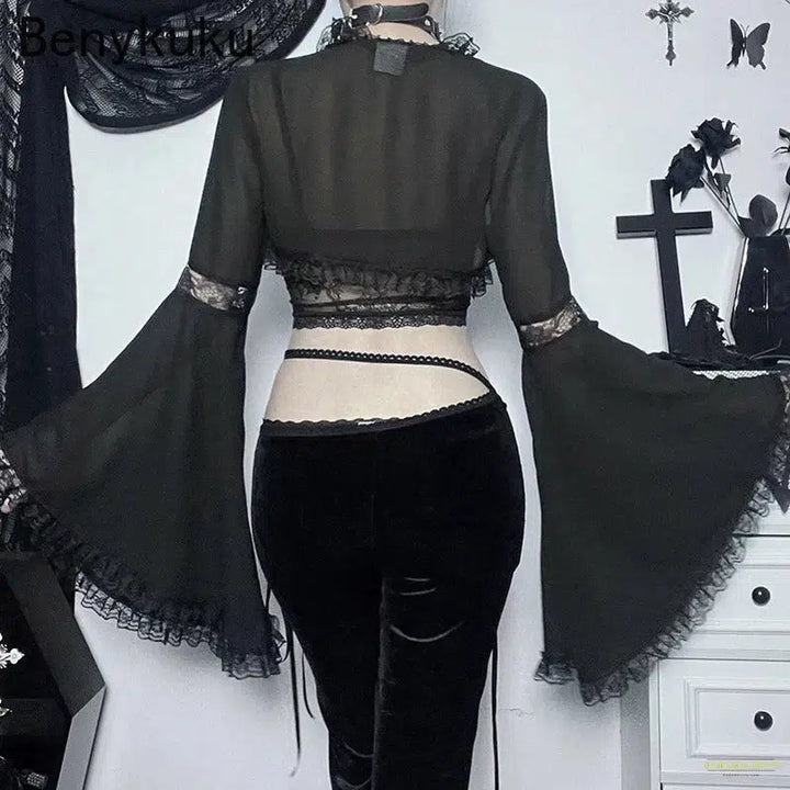 Women Gothic Style Lace Bell Sleeve Blouse Tops Gauze Long Sleeve Coat Halloween Costume Goth Punk Cropped Top Shawl