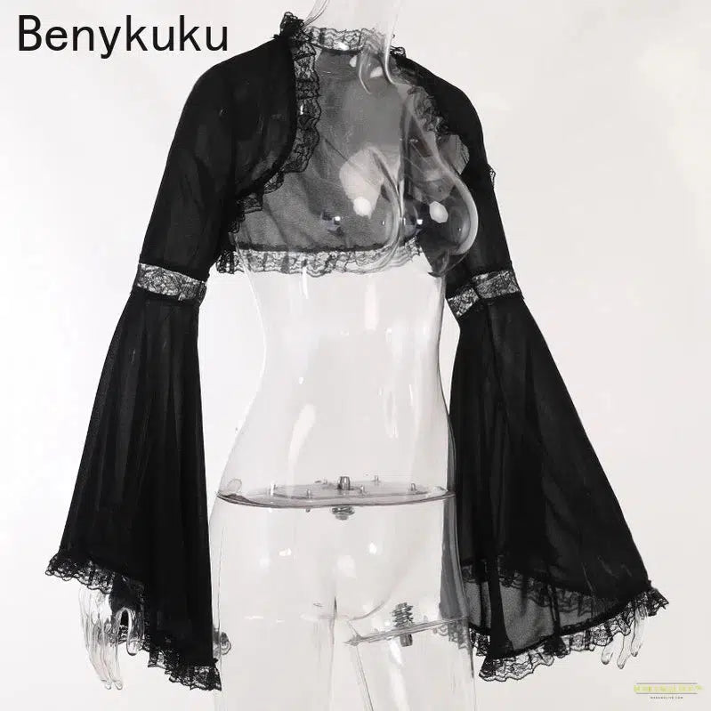 Women Gothic Style Lace Bell Sleeve Blouse Tops Gauze Long Sleeve Coat Halloween Costume Goth Punk Cropped Top Shawl