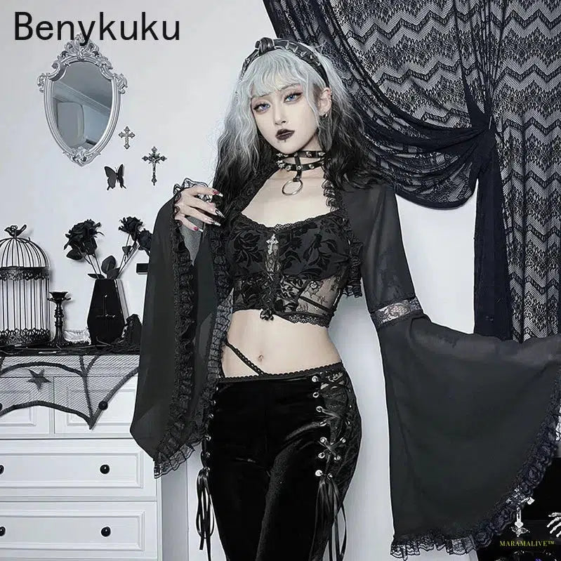 Women Gothic Style Lace Bell Sleeve Blouse Tops Gauze Long Sleeve Coat Halloween Costume Goth Punk Cropped Top Shawl