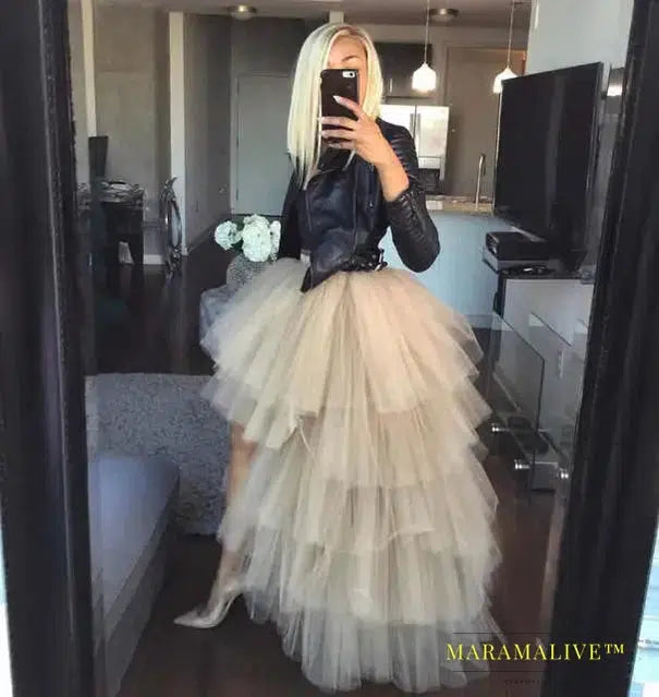 Women Hi-Lo Tulle Tutu Bustle Skirt Petticoat Clubwear Fancy Dance Asymmetric Dress For Party Fashion Casual Style New Goth Dark