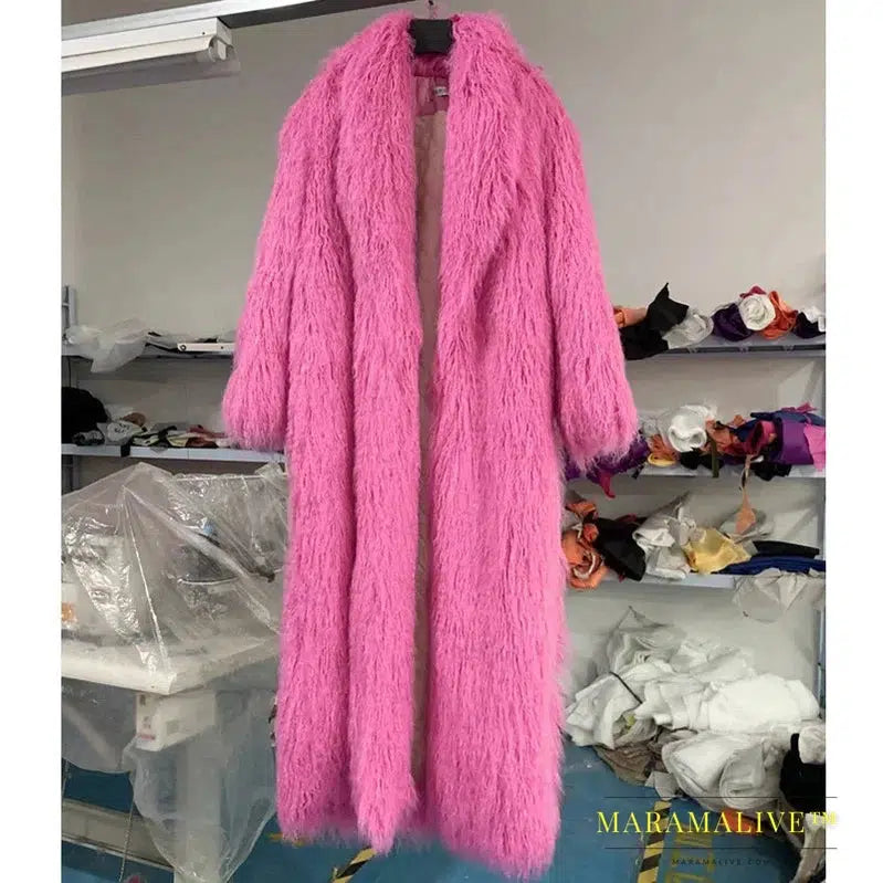 Women Imitation Sheep Faux Fur Long Coat Cardigan Thermal Loose Slim Fit Plush Coats Female Jacket Autumn Winter Furry Outerwear