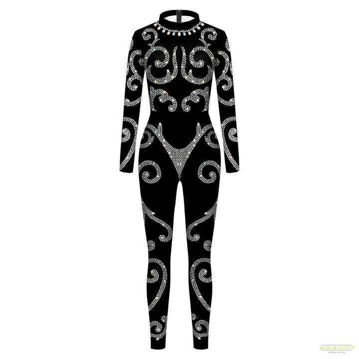 Women Jumpsuit Sequin Lace Pattern Printed Bodysuit Shiny Sexy Jumpsuit Adult Carnival Party Nightclub Outfits