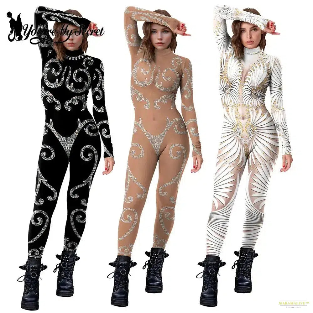 Women Jumpsuit Sequin Lace Pattern Printed Bodysuit Shiny Sexy Jumpsuit Adult Carnival Party Nightclub Outfits