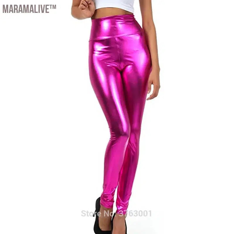 Women Look Wet Leggings Shiny Glossy Faux Leather Metallic Stretchy Sexy High Waist Tights Lady Dance Pant Bright Slim Plus Size