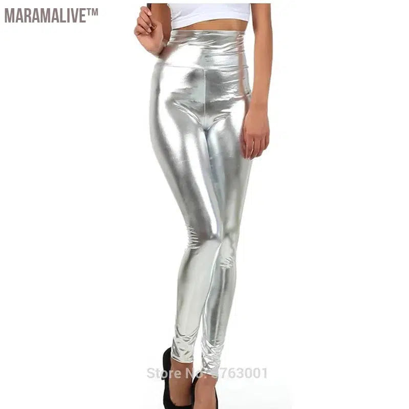 Women Look Wet Leggings Shiny Glossy Faux Leather Metallic Stretchy Sexy High Waist Tights Lady Dance Pant Bright Slim Plus Size