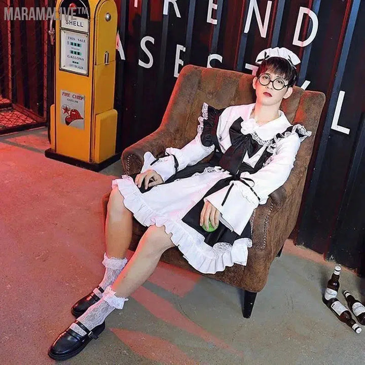 Women Maid Outfit Lolita Cosplay Cute Sexy Erotic Kawaii Cafe Costume Black White Men Uniform Apron Dress Cute Bowknot Mucama