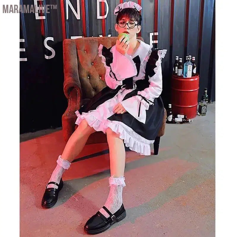 Women Maid Outfit Lolita Cosplay Cute Sexy Erotic Kawaii Cafe Costume Black White Men Uniform Apron Dress Cute Bowknot Mucama