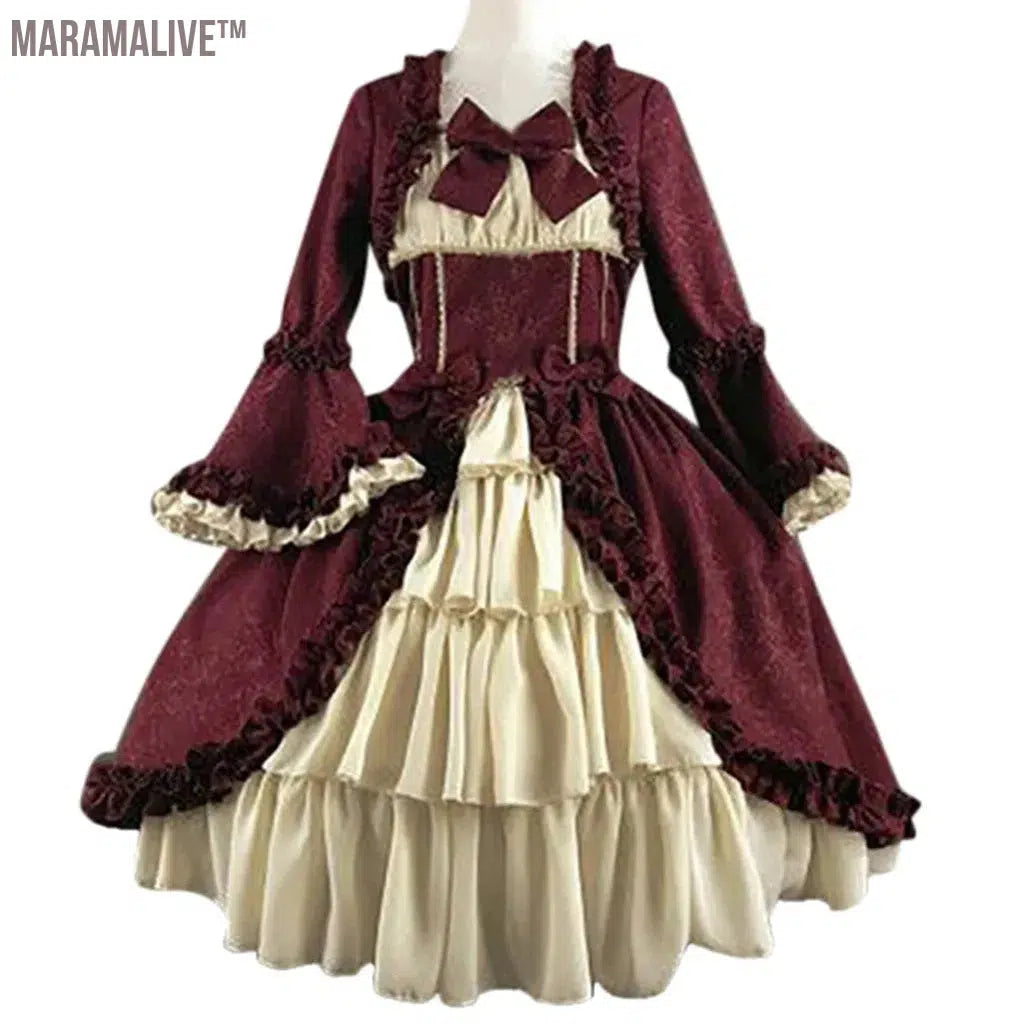 Women Medieval Retro Gothiced Court Lolita Dress Royal Lady Ball Costume Dress Square Neck Tight Waist Bowknot Elegant Vestido