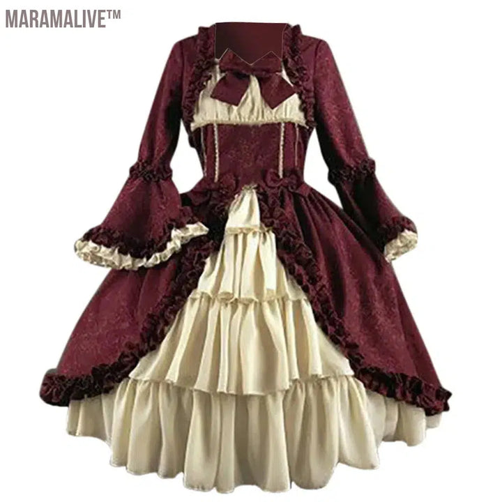 Women Medieval Retro Gothiced Court Lolita Dress Royal Lady Ball Costume Dress Square Neck Tight Waist Bowknot Elegant Vestido