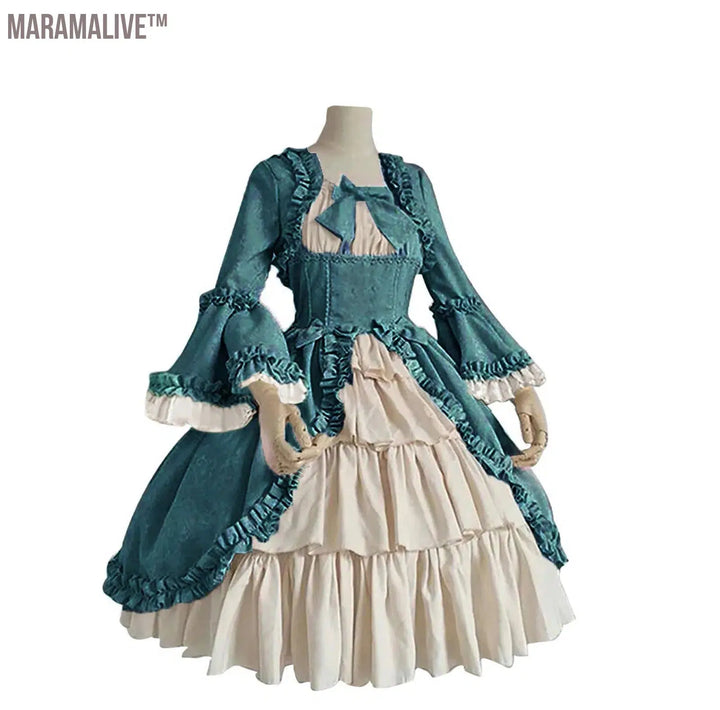 Women Medieval Retro Gothiced Court Lolita Dress Royal Lady Ball Costume Dress Square Neck Tight Waist Bowknot Elegant Vestido