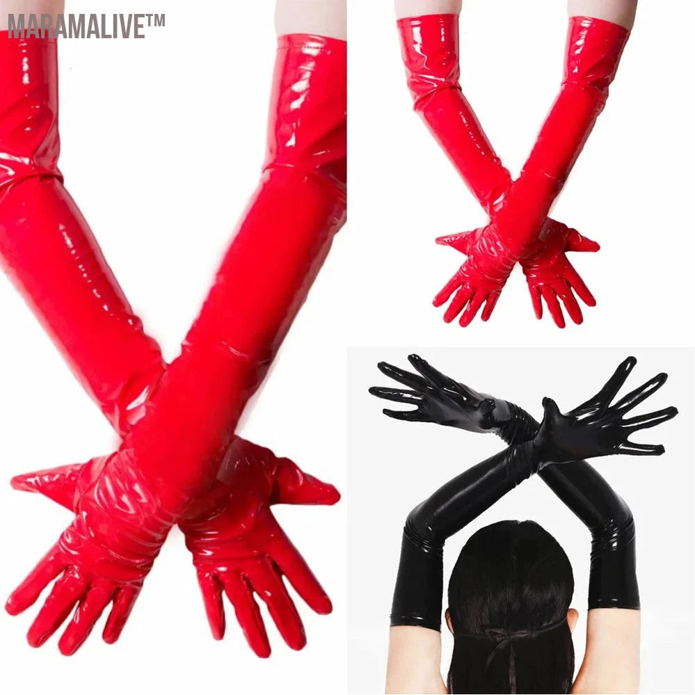 Women Men Wet Look Shiny Sexy Black Red PVC Long Gloves Club Performance Street Dance Costume Solid Ladies Fashion Opera Gloves