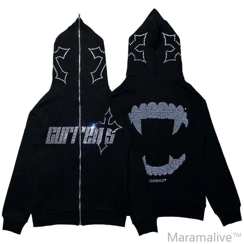 Women Men Y2K Fashion Hoodie Rhinestones Graphics Print Zip Hoodie clothes Hoodies Goth Long Sleeve Sweatshirt Oversized Top