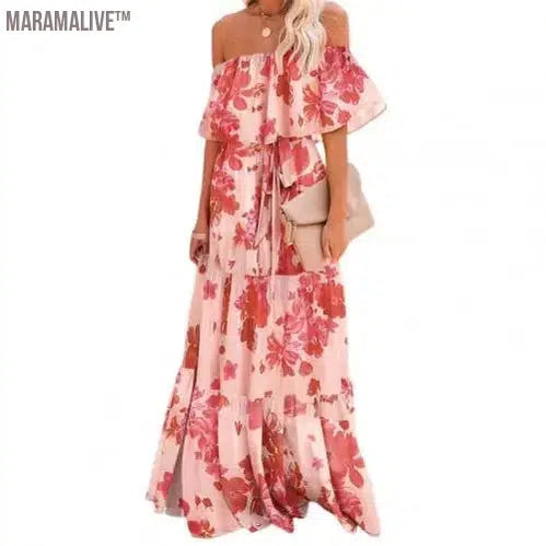 Women Off Shoulder Dress Sexy Strapless High Waist Rainbow Gradient Color Floral Print Large Hem Belt Maxi Dress