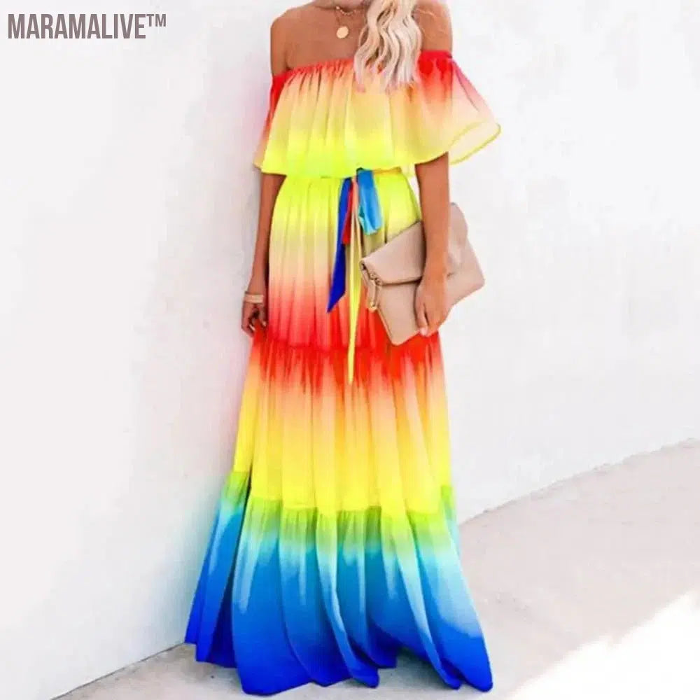 Women Off Shoulder Dress Sexy Strapless High Waist Rainbow Gradient Color Floral Print Large Hem Belt Maxi Dress