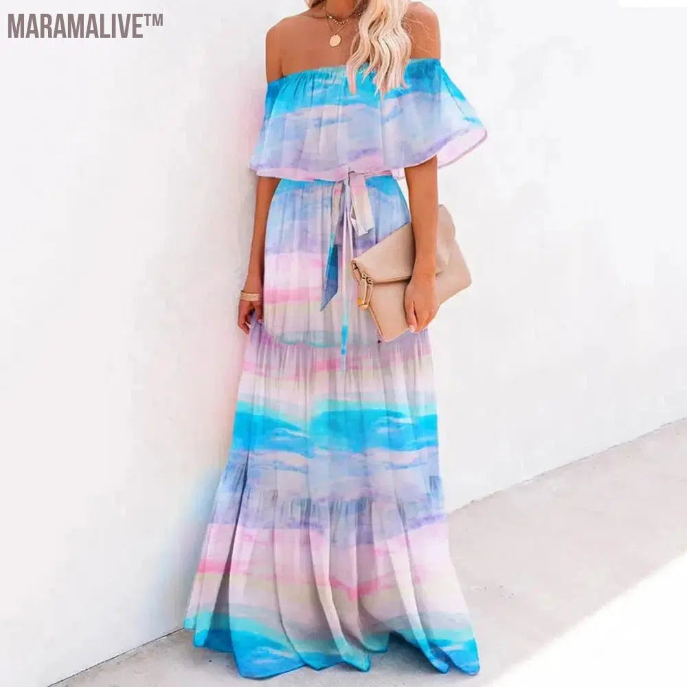 Women Off Shoulder Dress Sexy Strapless High Waist Rainbow Gradient Color Floral Print Large Hem Belt Maxi Dress