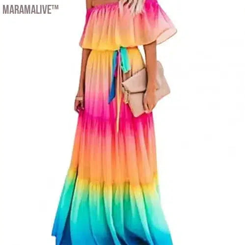 Women Off Shoulder Dress Sexy Strapless High Waist Rainbow Gradient Color Floral Print Large Hem Belt Maxi Dress