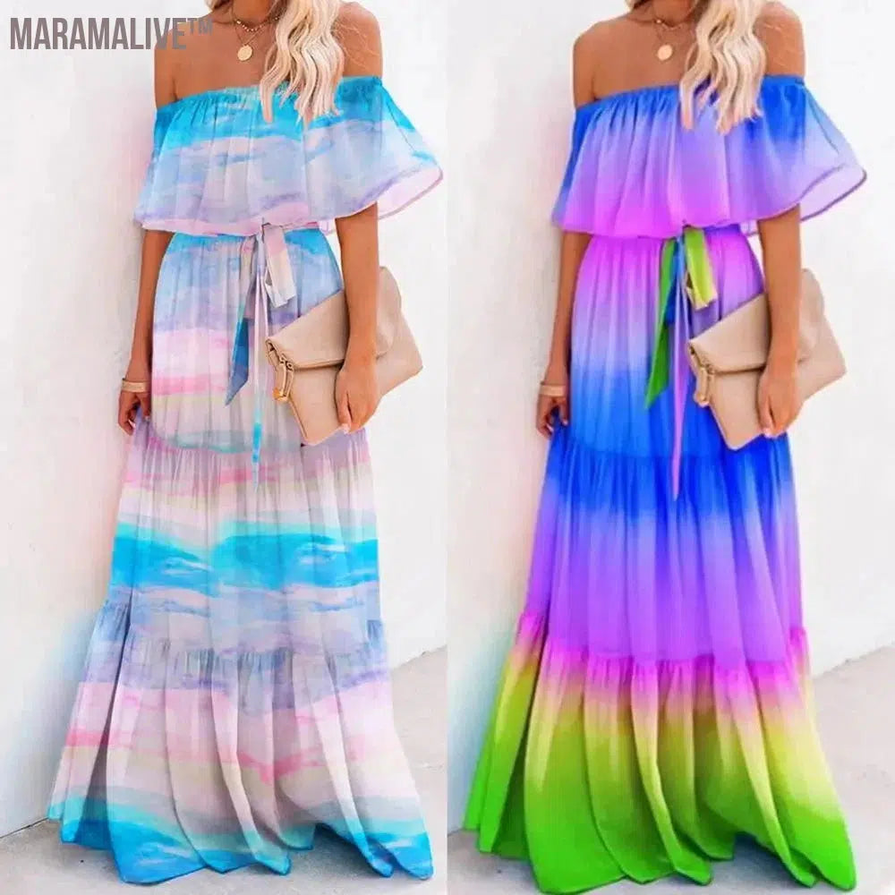 Women Off Shoulder Dress Sexy Strapless High Waist Rainbow Gradient Color Floral Print Large Hem Belt Maxi Dress