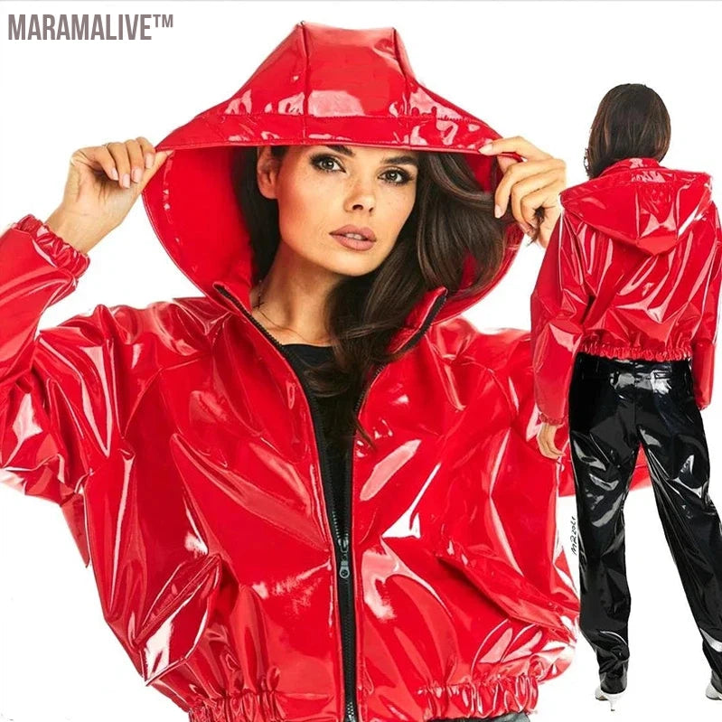 Women PVC Patent Leather Jacket Casual Latex Sweatshirts Coat Shiny PU Loose Crop Tops Plus Size Zip-up Hoodies Nightclub Custom