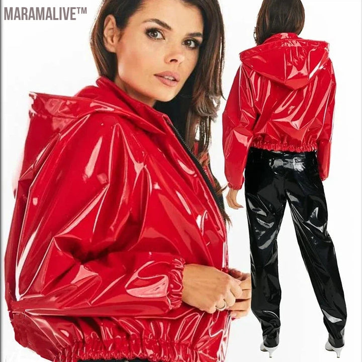 Women PVC Patent Leather Jacket Casual Latex Sweatshirts Coat Shiny PU Loose Crop Tops Plus Size Zip-up Hoodies Nightclub Custom