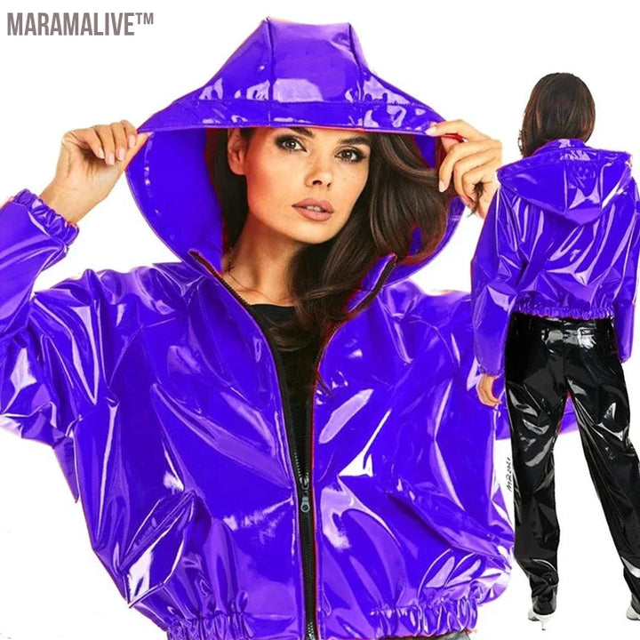 Women PVC Patent Leather Jacket Casual Latex Sweatshirts Coat Shiny PU Loose Crop Tops Plus Size Zip-up Hoodies Nightclub Custom