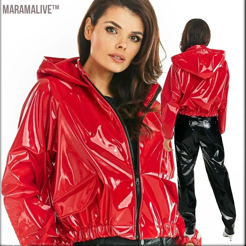 Women PVC Patent Leather Jacket Casual Latex Sweatshirts Coat Shiny PU Loose Crop Tops Plus Size Zip-up Hoodies Nightclub Custom