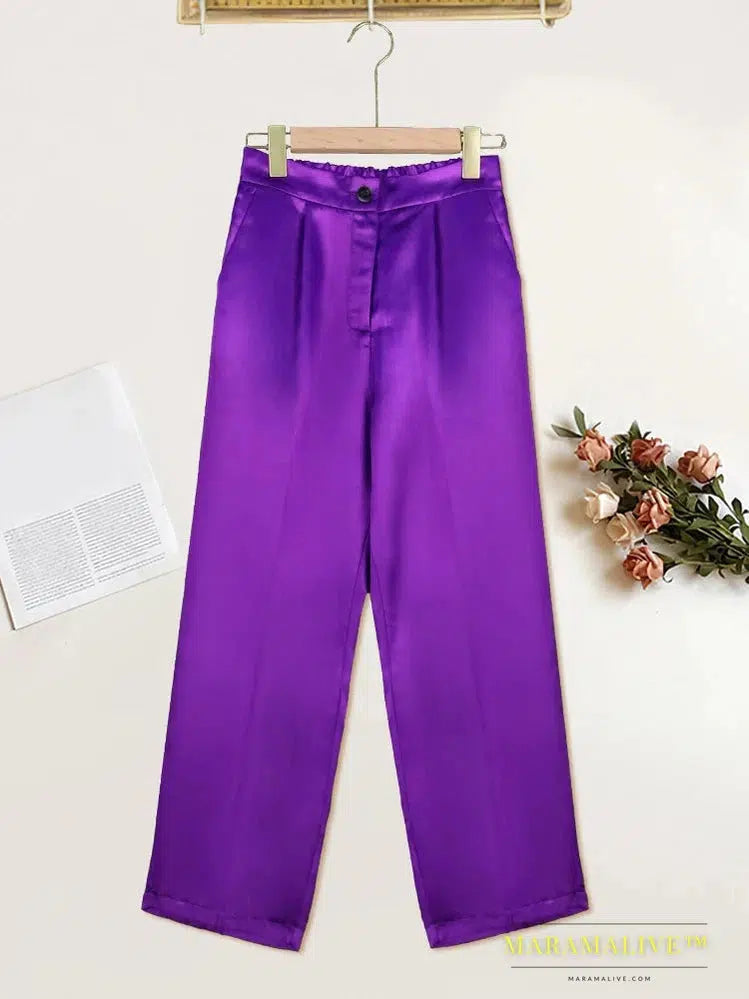 Women Pants High Elastic Waist Purple Summer Office Lady Work Casual Pencil Capris with Pockets Shiny Trousers for Woman 4XL