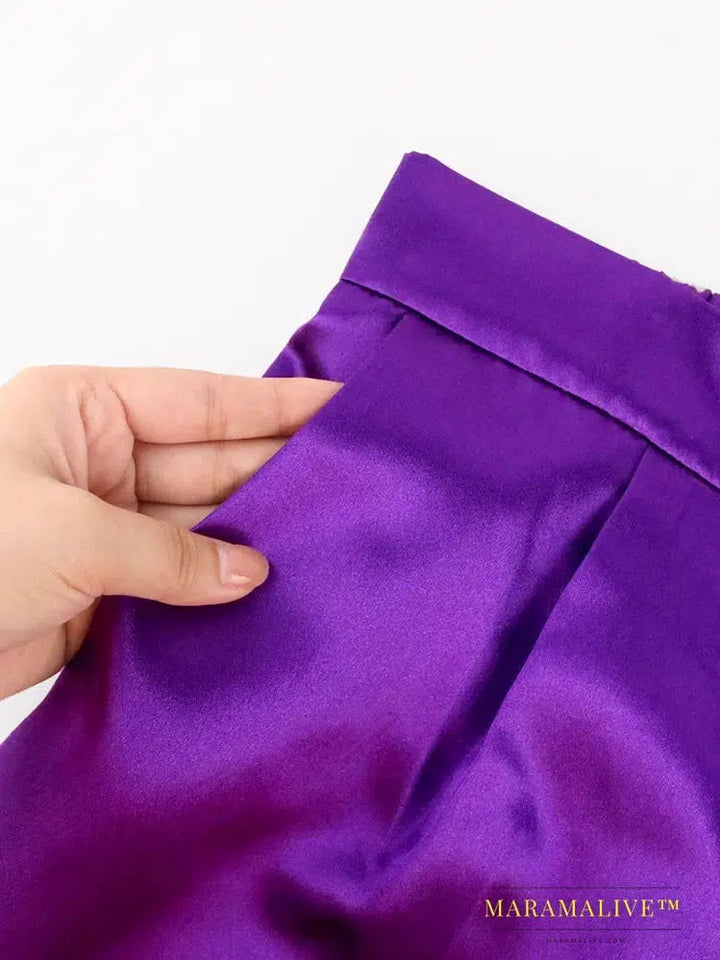 Women Pants High Elastic Waist Purple Summer Office Lady Work Casual Pencil Capris with Pockets Shiny Trousers for Woman 4XL