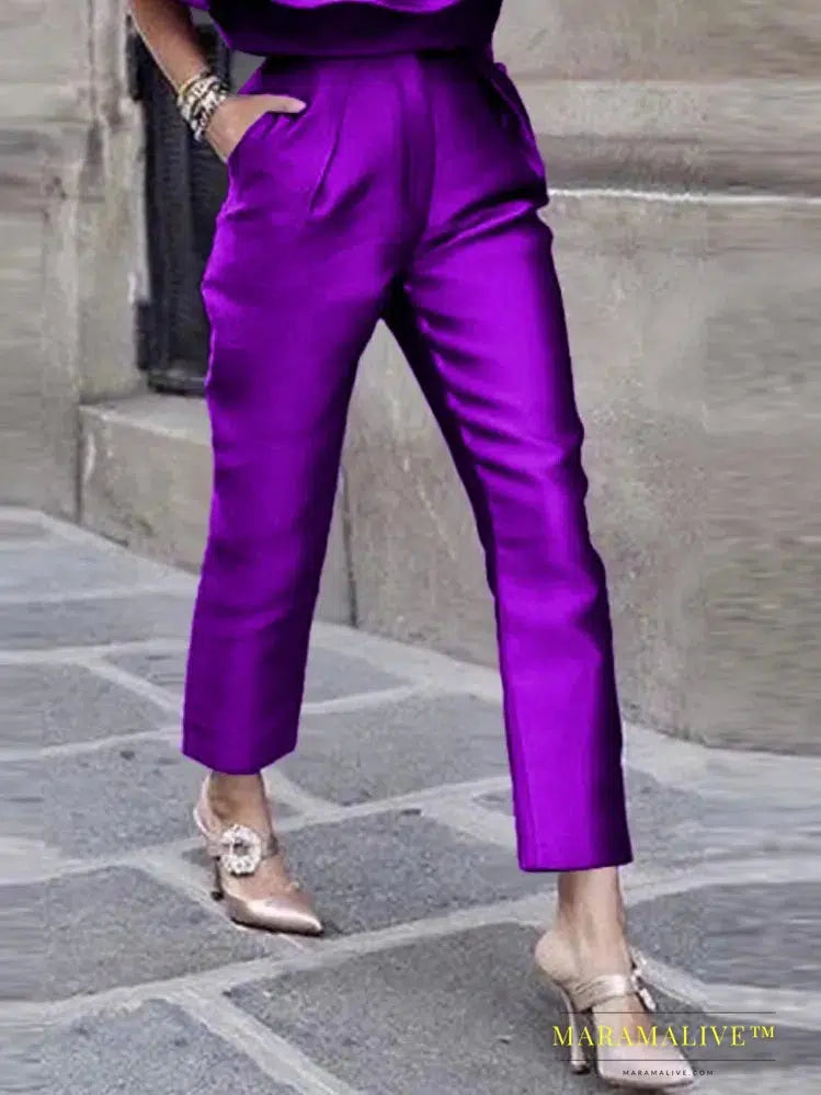 Women Pants High Elastic Waist Purple Summer Office Lady Work Casual Pencil Capris with Pockets Shiny Trousers for Woman 4XL