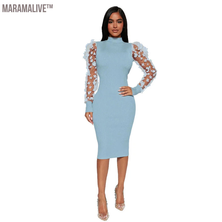 Women Patchwork Mesh Sleeve Dress Ladies Fashion Elegant Long Sleeve Casual Party Dresses