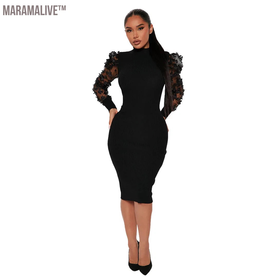 Women Patchwork Mesh Sleeve Dress Ladies Fashion Elegant Long Sleeve Casual Party Dresses