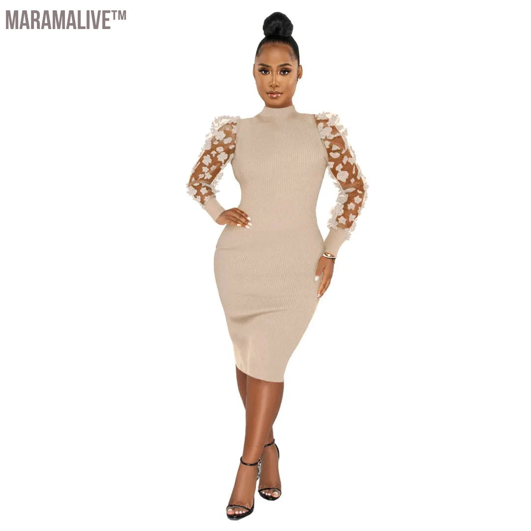 Women Patchwork Mesh Sleeve Dress Ladies Fashion Elegant Long Sleeve Casual Party Dresses