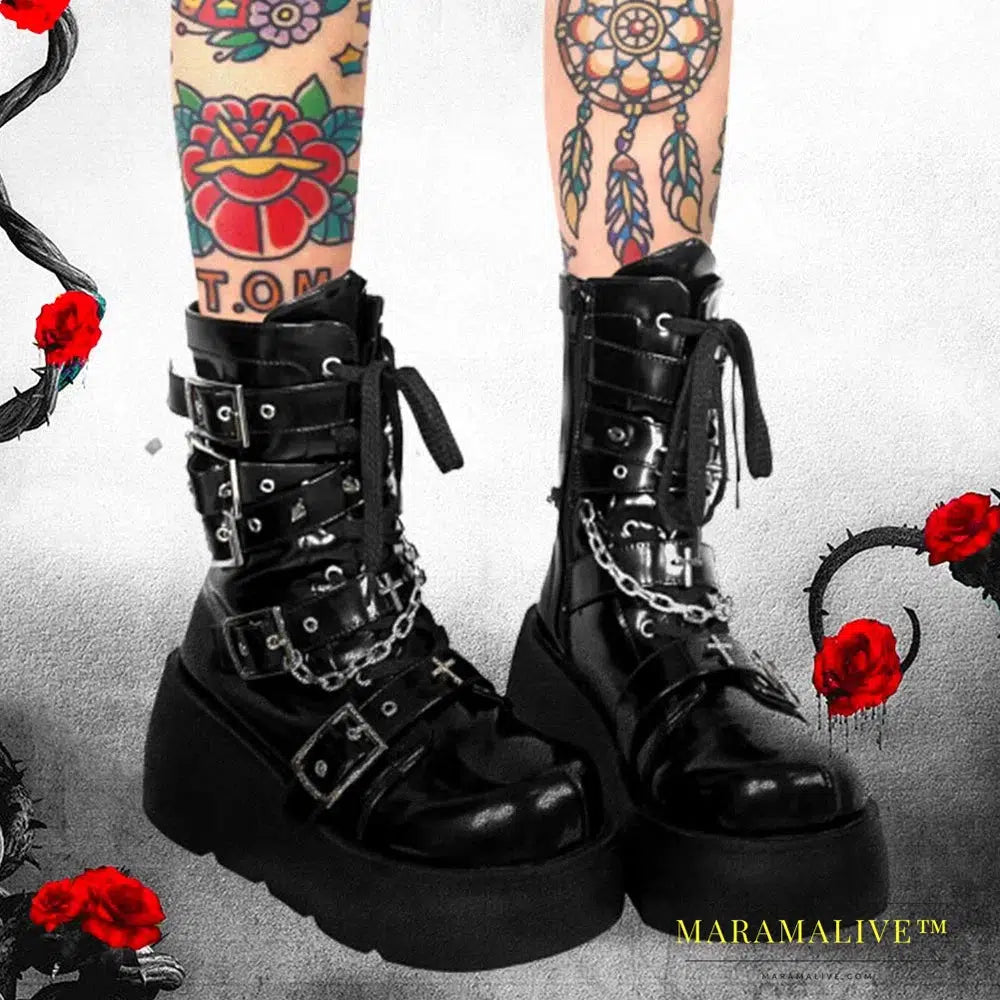 Women Platform Gothic Ankle Combat Boots Rivet Chain Wedges Punk Cosplay Zip Booties Autumn Winter Motorcycle Shoes